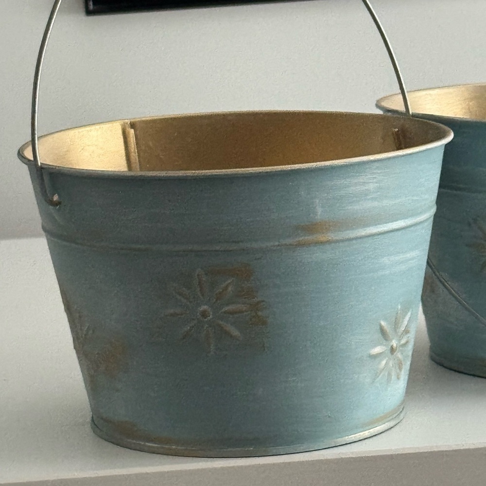 Blue Metal Buckets with Gold Accents and Gold Inside Decorative Use - Picture 6 of 8
